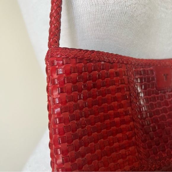 Vintage Footed Red Leather Woven Bag w/Leather Rope Cord Detail Made in Brazil - Picture 4 of 14